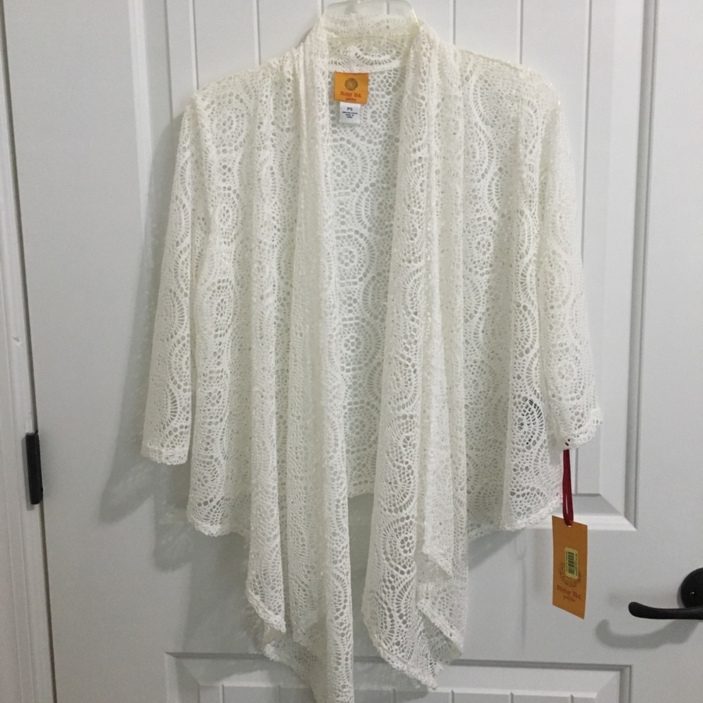 RUBY RD PS Boho White Lace Waterfall Topper Wrap Cardigan Drape Sheer Tie